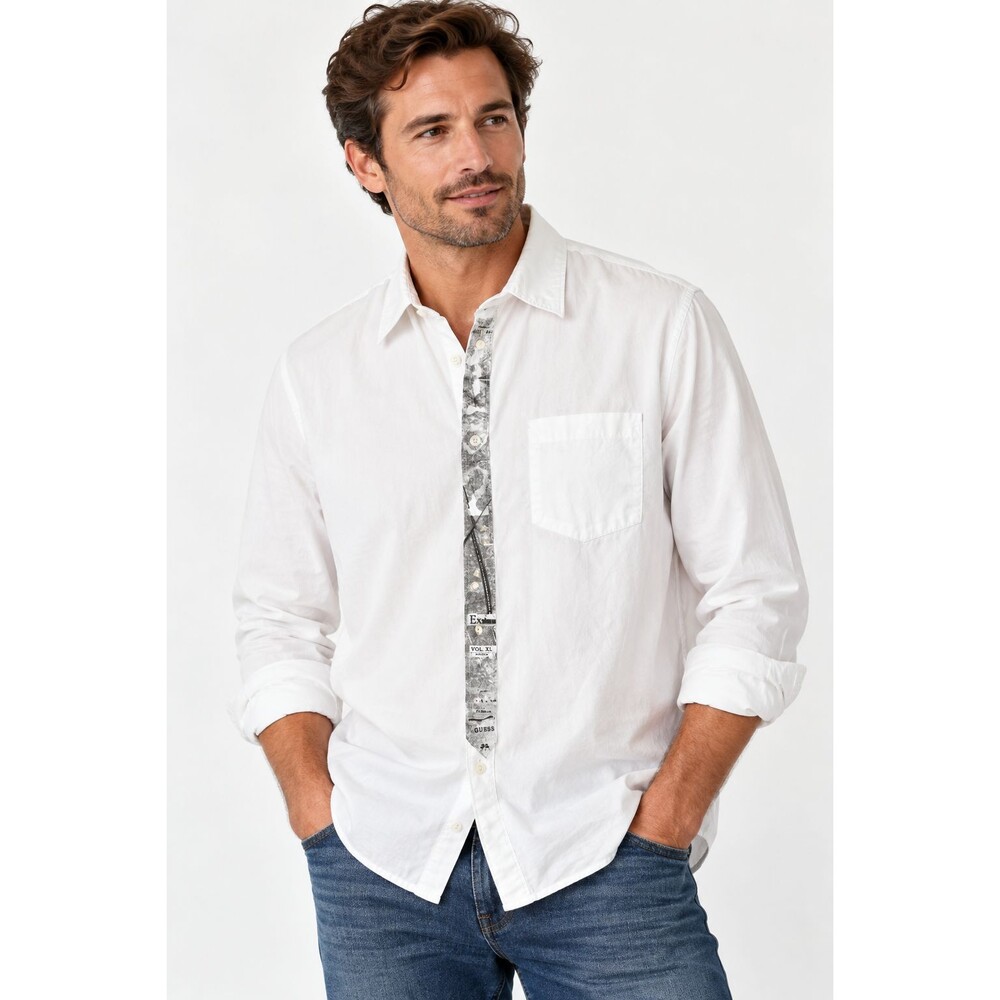 Guess Shirt Size XL White Button Down 100% Cotton Artsy Applique Front